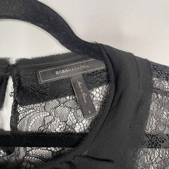 BCBGMaxazria S Black Sheer Lace 3/4 Sleeve Blouse Pleated Detail Keyhole Back - Picture 5 of 6